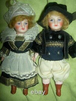 PAIR 5 antique bisque signed Paris France UNIS 301 jointed dollhouse dolls a/o