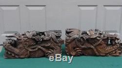 PAIR ANTIQUE 17c-18c CHINESE HARD WOOD CARVED FOO-DOGS TEMPLE ELEMENTS SIGN