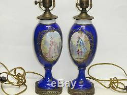 PAIR ANTIQUE 19 c COBALT BLUE SIGNED MAXANT SAMSON PARIS SEVRES VASE TABLE LAMP