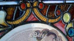 PAIR ANTIQUE 19c VERY RARE FRENCH CREST STAINED GLASS WINDOWS ON STAND, SIGNED