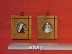 PAIR ANTIQUE 19th MINIATURE PORTRAIT PAINTING NATURAL MATERIAL SIGNED