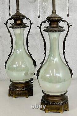 PAIR ANTIQUE FRENCH PORCELAIN LAMPS CELADON VASES 19th C MIRROR LUSTER SIGNED