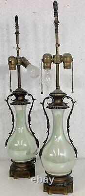 PAIR ANTIQUE FRENCH PORCELAIN LAMPS CELADON VASES 19th C MIRROR LUSTER SIGNED