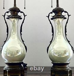 PAIR ANTIQUE FRENCH PORCELAIN LAMPS CELADON VASES 19th C MIRROR LUSTER SIGNED