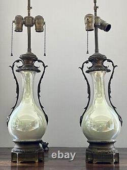 PAIR ANTIQUE FRENCH PORCELAIN LAMPS CELADON VASES 19th C MIRROR LUSTER SIGNED