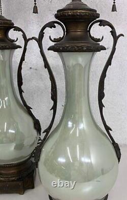 PAIR ANTIQUE FRENCH PORCELAIN LAMPS CELADON VASES 19th C MIRROR LUSTER SIGNED