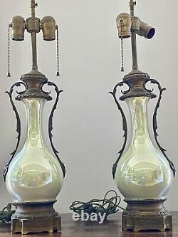 PAIR ANTIQUE FRENCH PORCELAIN LAMPS CELADON VASES 19th C MIRROR LUSTER SIGNED