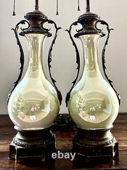 PAIR ANTIQUE FRENCH PORCELAIN LAMPS CELADON VASES 19th C MIRROR LUSTER SIGNED