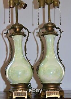 PAIR ANTIQUE FRENCH PORCELAIN LAMPS CELADON VASES 19th C MIRROR LUSTER SIGNED