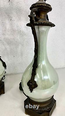 PAIR ANTIQUE FRENCH PORCELAIN LAMPS CELADON VASES 19th C MIRROR LUSTER SIGNED