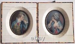 PAIR ANTIQUE LATE 19th CENTURY FRENCH PAINTINGS OVAL MINIATURES SIGNED INSCRIBED