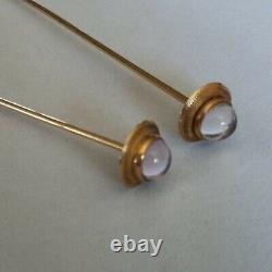 PAIR Antique 14k Yellow Gold Hatpins Dome Cabochon Hat Pins Signed 14k