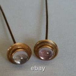 PAIR Antique 14k Yellow Gold Hatpins Dome Cabochon Hat Pins Signed 14k