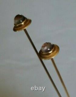 PAIR Antique 14k Yellow Gold Hatpins Dome Cabochon Hat Pins Signed 14k