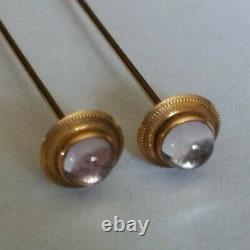 PAIR Antique 14k Yellow Gold Hatpins Dome Cabochon Hat Pins Signed 14k