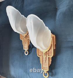 PAIR Antique Art Deco Horn Of Plenty White Glass Slip Shade Markel Signed Sconce