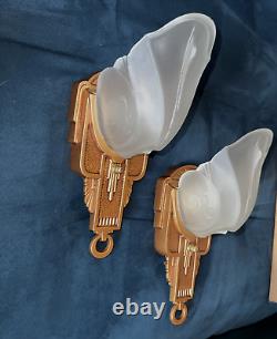 PAIR Antique Art Deco Horn Of Plenty White Glass Slip Shade Markel Signed Sconce