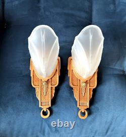 PAIR Antique Art Deco Horn Of Plenty White Glass Slip Shade Markel Signed Sconce