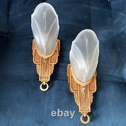 PAIR Antique Art Deco Horn Of Plenty White Glass Slip Shade Markel Signed Sconce