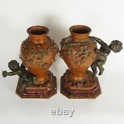 PAIR Antique French Bronze Putti Vases Signed Auguste Moreau