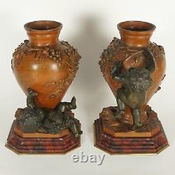 PAIR Antique French Bronze Putti Vases Signed Auguste Moreau