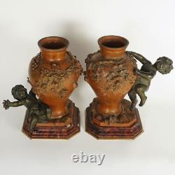 PAIR Antique French Bronze Putti Vases Signed Auguste Moreau