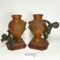 PAIR Antique French Bronze Putti Vases Signed Auguste Moreau