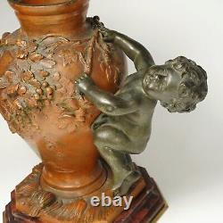 PAIR Antique French Bronze Putti Vases Signed Auguste Moreau