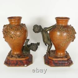 PAIR Antique French Bronze Putti Vases Signed Auguste Moreau PAIR Antique French Bronze Putti Vases Signed Auguste Moreau
