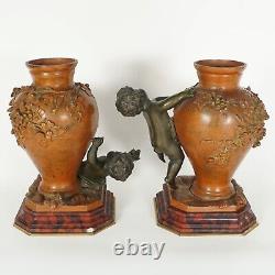 PAIR Antique French Bronze Putti Vases Signed Auguste Moreau