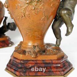 PAIR Antique French Bronze Putti Vases Signed Auguste Moreau