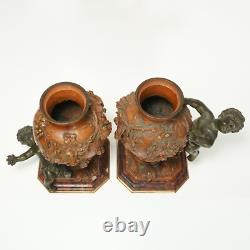 PAIR Antique French Bronze Putti Vases Signed Auguste Moreau