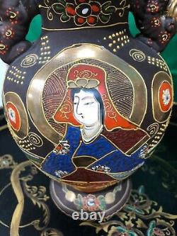 PAIR Antique Signed Japanese Satsuma Immortals Moriage Vase Foo Dog Porcelain