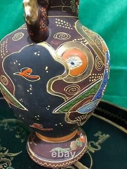 PAIR Antique Signed Japanese Satsuma Immortals Moriage Vase Foo Dog Porcelain