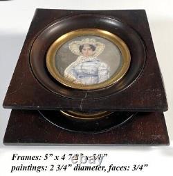 PAIR Antique c. 1823 Portrait Miniatures, Man & Wife, Artist Signed HERMANN, 1823