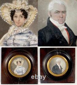 PAIR Antique c. 1823 Portrait Miniatures, Man & Wife, Artist Signed HERMANN, 1823