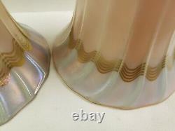 PAIR Antique c1900 Quezal Waves Gold Iridescent Art Glass Lamp Shades SIGNED