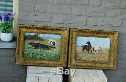 PAIR Antique oil canvas paintings hunting dogs field signed 1914