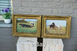 PAIR Antique oil canvas paintings hunting dogs field signed 1914