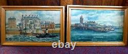 PAIR Antique signed F P Simms 1905 Oil Painting River Mersey Ferry Liverpool x 2