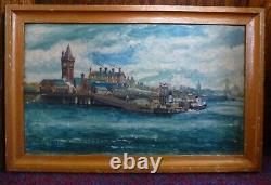 PAIR Antique signed F P Simms 1905 Oil Painting River Mersey Ferry Liverpool x 2