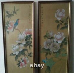 PAIR Chinese Antique Silkscreen Hand Painted Framed Pictures (Qing Dynasty) V. G