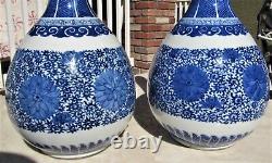 PAIR FINE ANTIQUE CHINESE SIGNED PORCELAIN KANGXI BOTTLE VASES With STANDS LARGE