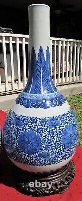 PAIR FINE ANTIQUE CHINESE SIGNED PORCELAIN KANGXI BOTTLE VASES With STANDS LARGE