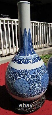 PAIR FINE ANTIQUE CHINESE SIGNED PORCELAIN KANGXI BOTTLE VASES With STANDS LARGE