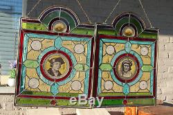 PAIR Flemish antique stained glass windows with medieval portraits signed struys