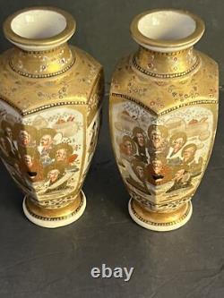 PAIR Japanese Satsuma Porcelain Hand Painted Vases GOLD ACCENTED MEIJI SIGNED