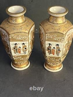 PAIR Japanese Satsuma Porcelain Hand Painted Vases GOLD ACCENTED MEIJI SIGNED