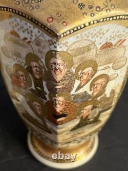 PAIR Japanese Satsuma Porcelain Hand Painted Vases GOLD ACCENTED MEIJI SIGNED