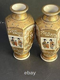 PAIR Japanese Satsuma Porcelain Hand Painted Vases GOLD ACCENTED MEIJI SIGNED